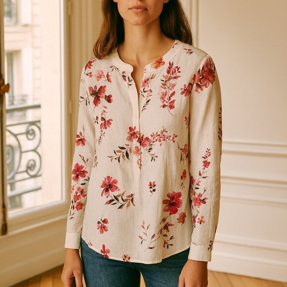 J Jill White& Red  Floral Pop Over Top Long Sleeve  Blouse  Medium - Picture 1 of 7